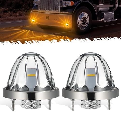 Partsam 2Pcs Glass Watermelon Lights [Patented] Clear Lens Amber LED Side Marker Turn Signal Lights with Bezel Replacement for Kenworth Peterbilt Freightliner Trucks