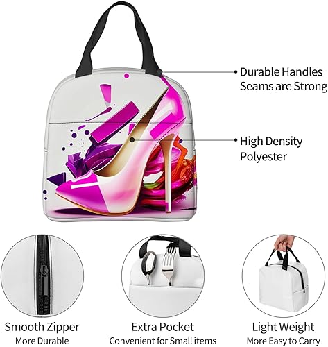 Miniatura 7 de OOZ Lonchera aislada para mujeres y hombres, estampado de zapatos de tacón alto rosa, reutilizable, a prueba de fugas, para adultos, oficina,