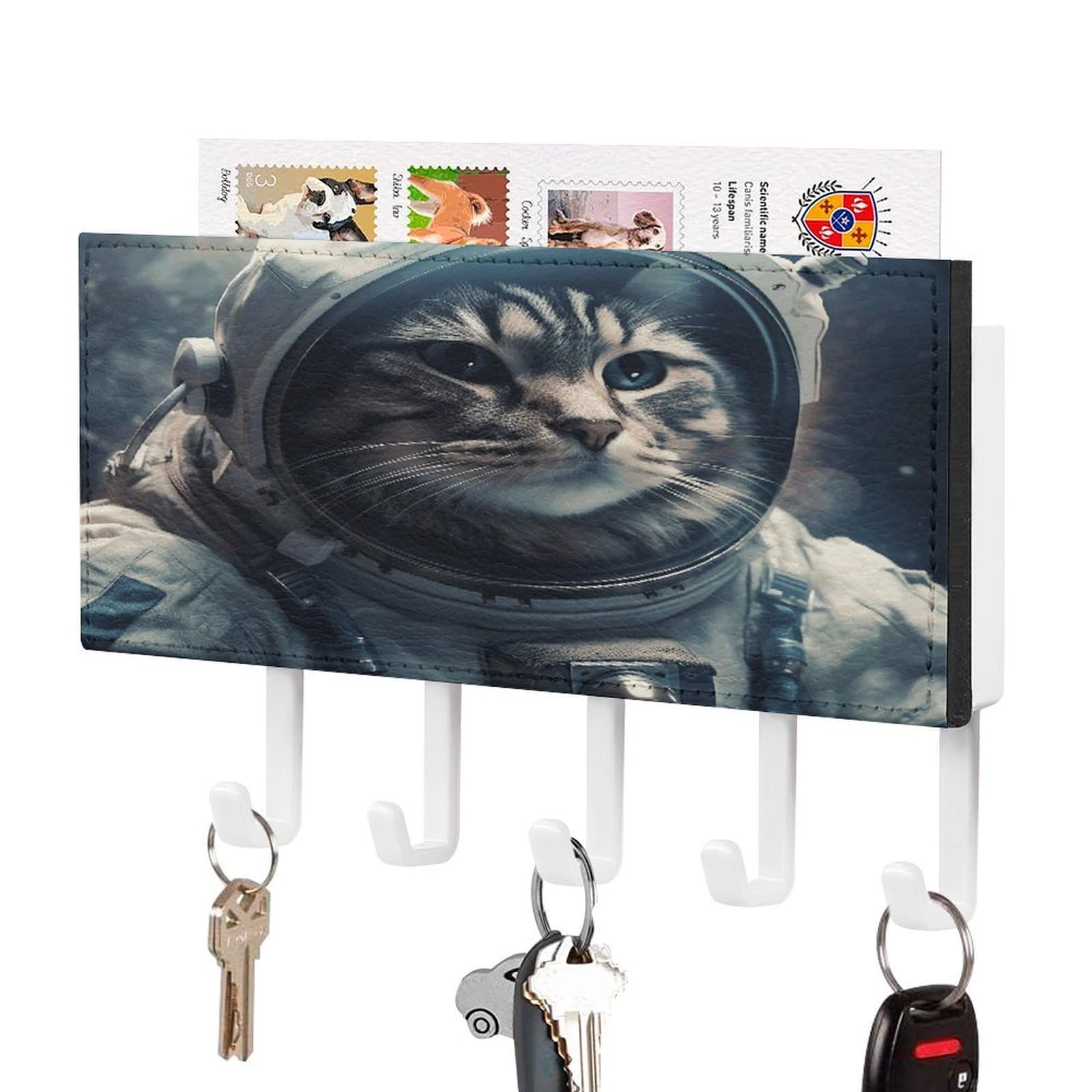 Colgador para llaves de gato astronauta con repisa organizadora de estilo rústico