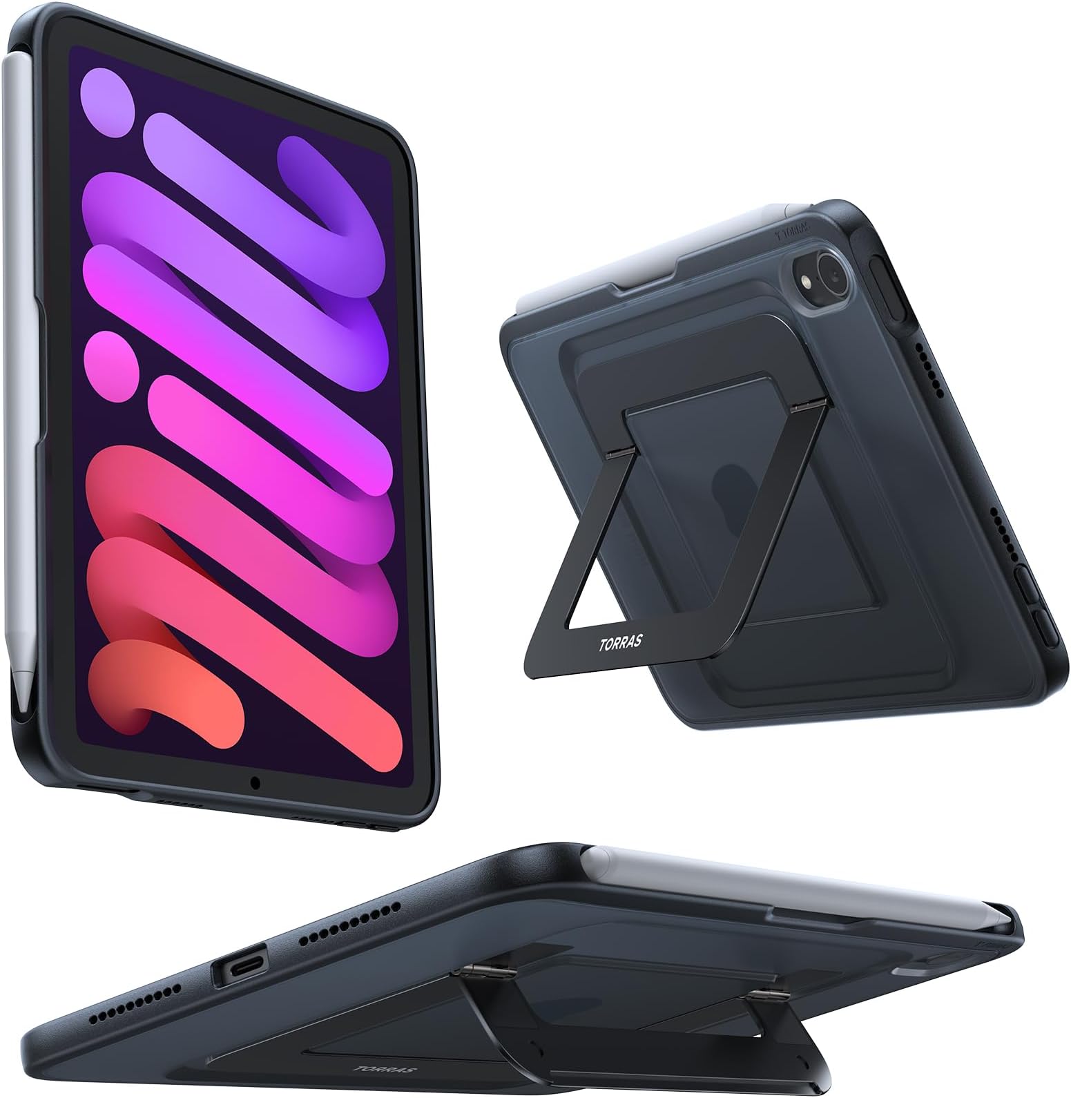 TORRAS Ostand K1 Guardian for iPad mini 7 A17 Pro Case, iPad mini 6 Case with Pencil Holder, Ultra Stable Stand, Multiple Adjustable Viewing Angles, Slim Protective Kickstand iPad mini Case, Black