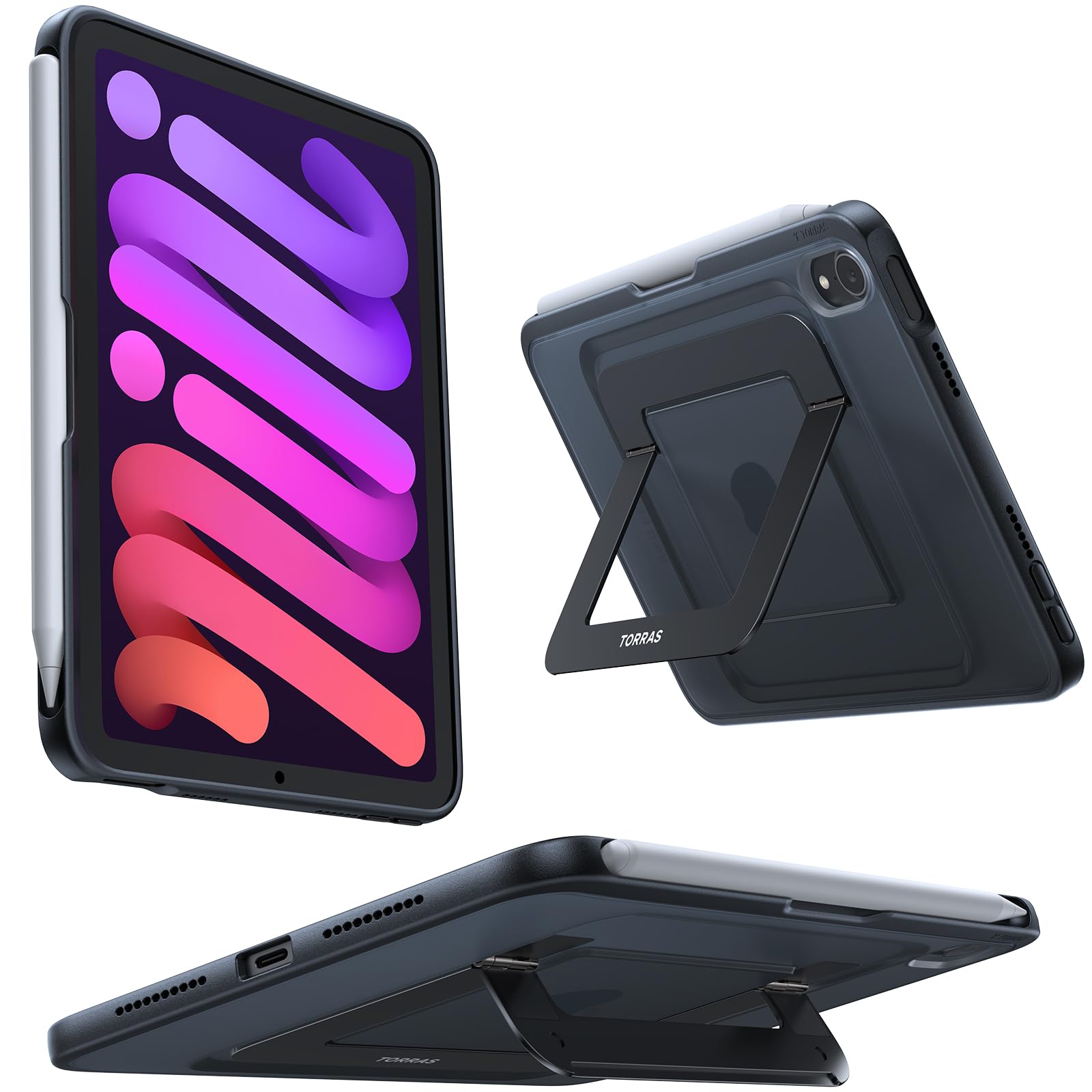 TORRAS for iPad Mini 7 A17 Pro Case, iPad Mini 6 Case with Pencil Holder, Ultra Stable Stand, Multiple Adjustable Viewing Angles, Slim Protective Kickstand Cover, Translucent iPad Mini 6th Case, Black