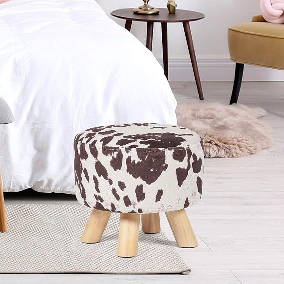 Small Round Ottoman Foot Stool, 10.4 H Footrest for Under Desk & Mini Spaces, Upholstered Linen Fabric Accent Stool for Living Room & Bedroom, Brown Cow