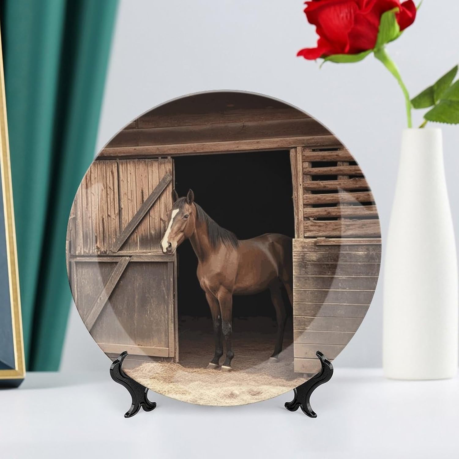 Barn Horse Decorative Plates for Display Round Porcelain Plate Living Room Table Ceramic Hanging Decorative Plate Art Decor for Living Room Table with 1 Display Stand 10inch