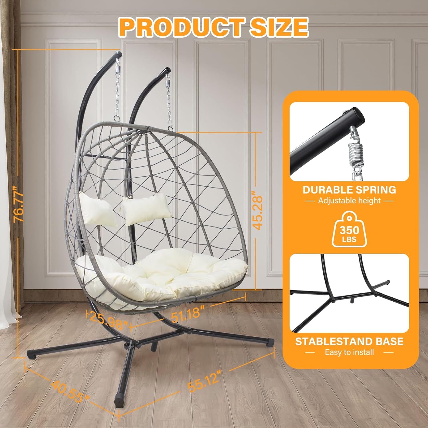 Egg Swing Chair with Stand, Outdoor Patio 2 Person Hanging Wicker Hammock Chairs with Cushion for Indoor Bedroom, Lawn, Garden