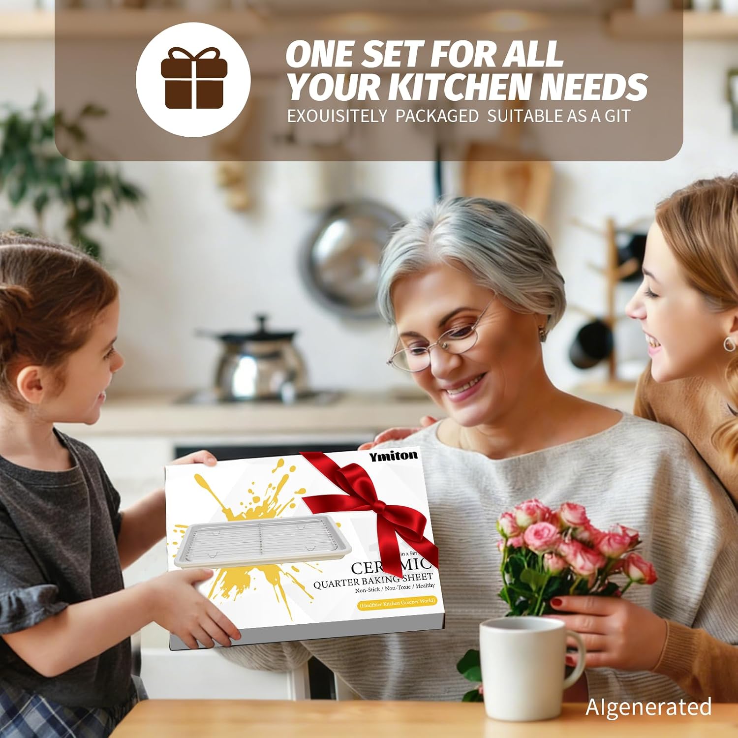 Nonstick Ceramic Baking Sheet with Rack, 2-Pack 13x9 Quarter Sheet Pan,(External 10x14), Non-Toxic PTFE & PFOA Free Warp-Free Oven Safe 550°F Dishwasher Safe, Aluminized Steel, Gray Yellow