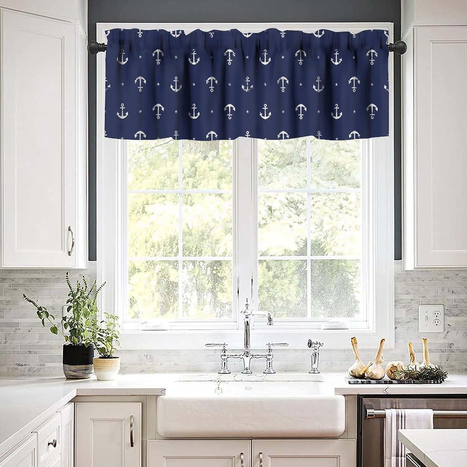 Nautical Anchor Valance Curtains, Ocean Beach Coastal Sailing Ship Boat Navy Blue Curtain Valance for Kitchen Living Room Bedroom, 54x18 Inch