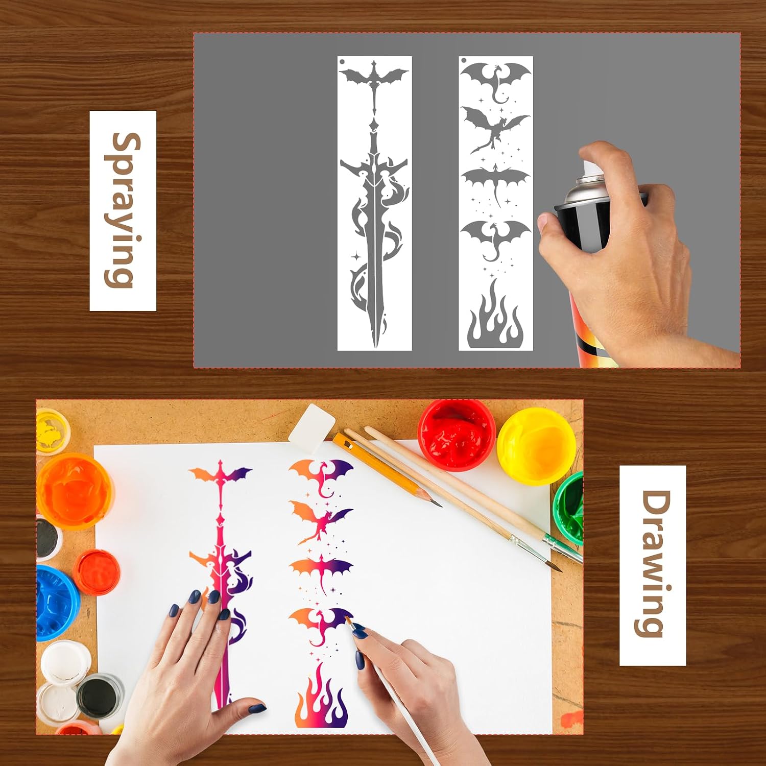 AFRITEE Flying Dragon Stencils for Painting, 16 Pcs Fantasy Reusable Book Edge Stenciling for Crafts Kit, Dragon Paint Stencils for Canvas Wall Home Floor Furniture Spray Painting Book Edge