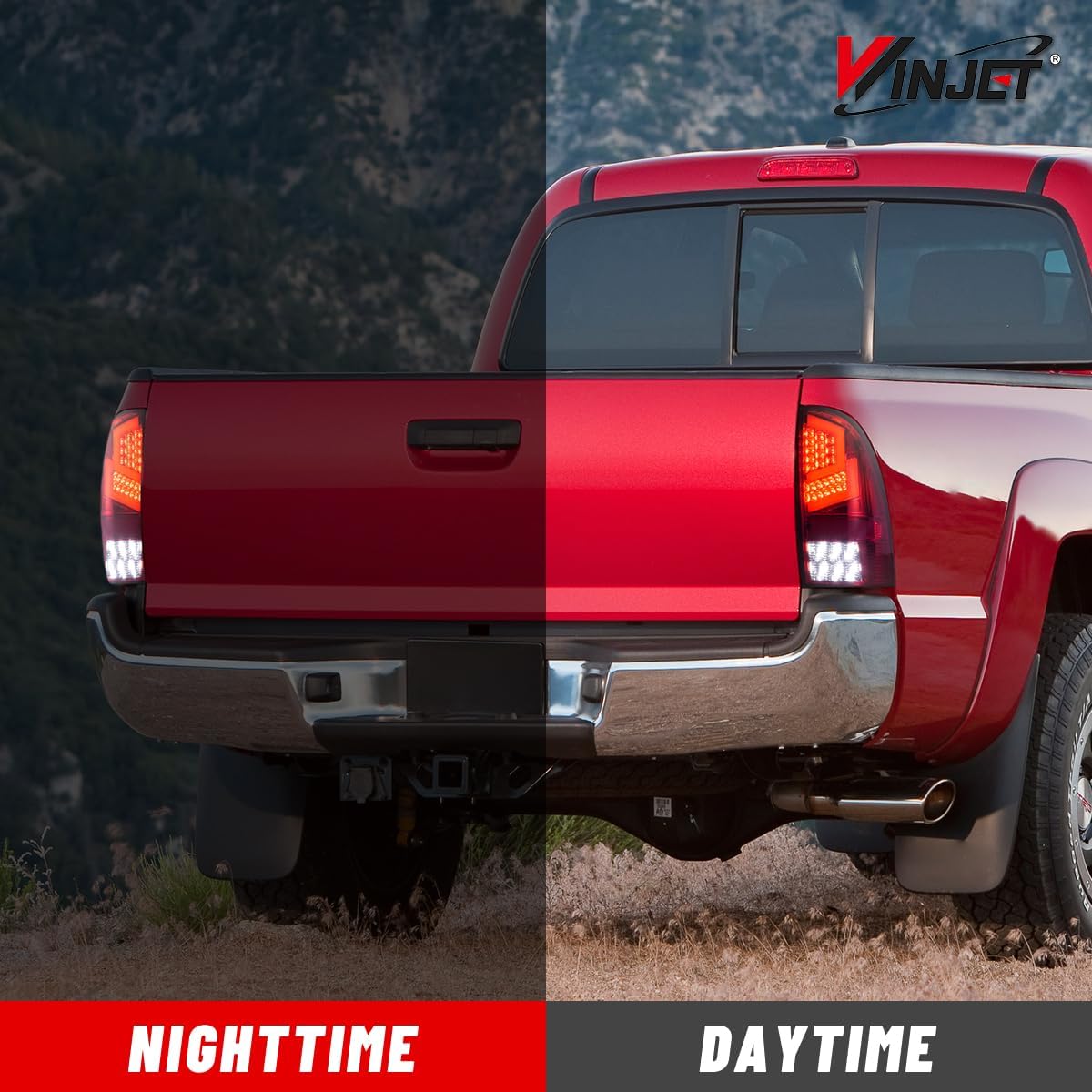 Winjet LED Sequential Tail Light Assembly For 2005-2015 Toyota Tacoma, Full Led Taillight w/Red Sequential Turn Signal/Running/Brake/Reverse Light, 1 Pair Rear Lamps (Black Housing Red Lens)