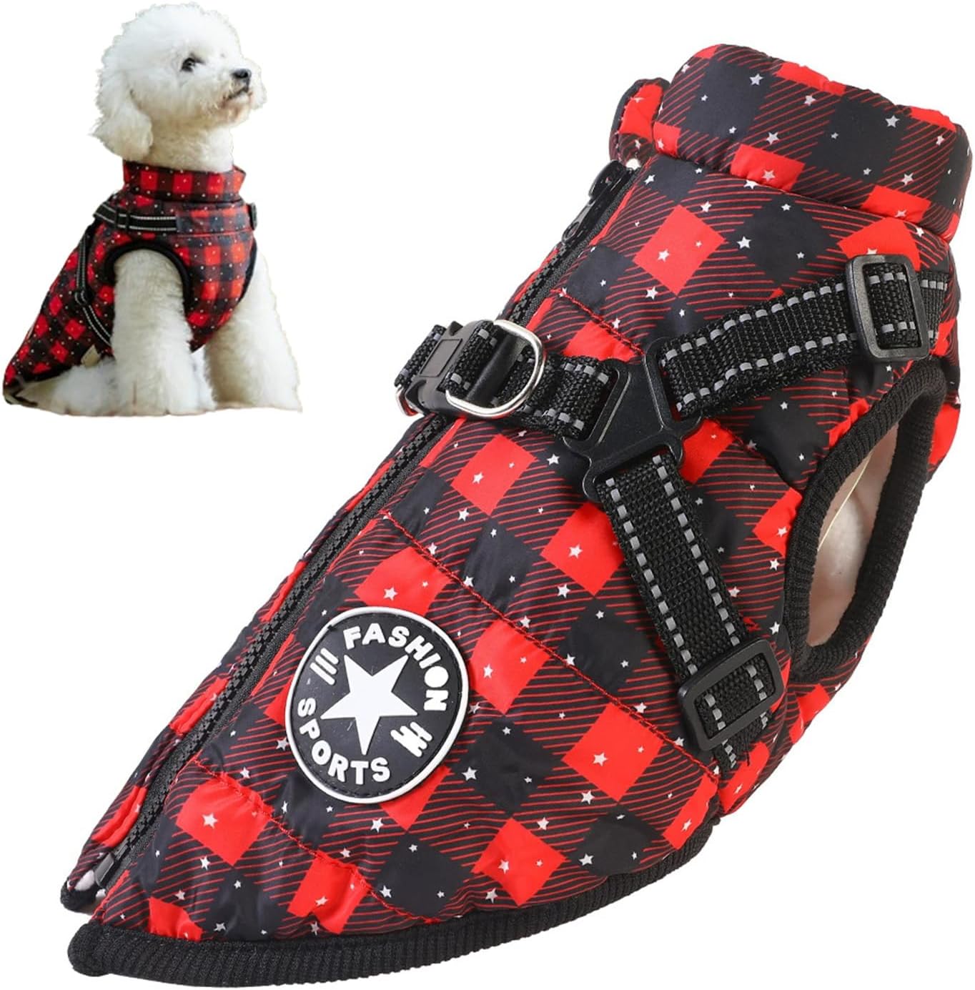 Dog Coat with Harness Built-in, Warm Dog Jacket with Zip, Reflective Winter Coat Pet Sweater Clothes, Waterproof, Windproof, Cozy Pet Jacket for Small Medium Large Dogs (Large)