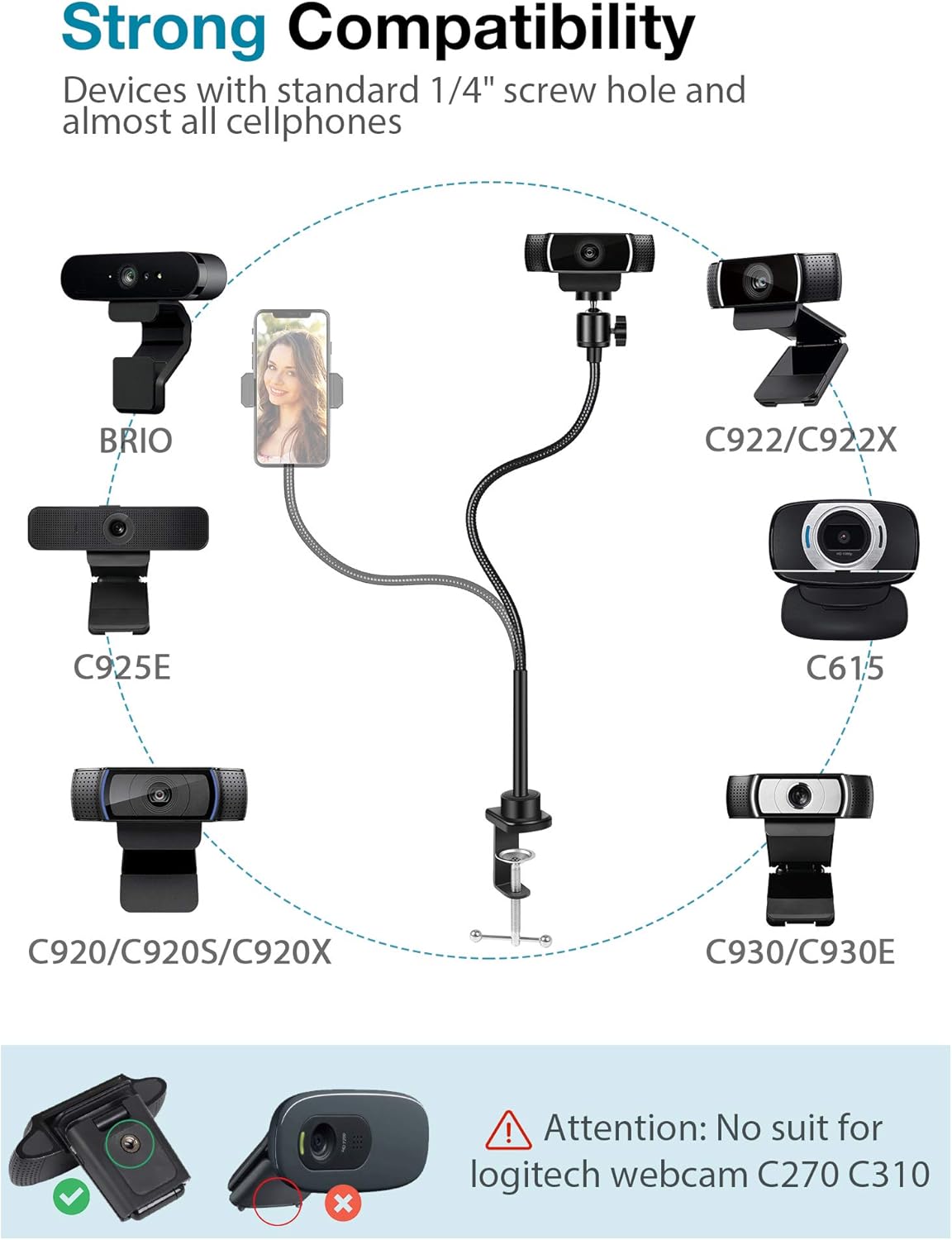 InnoGear 25 Inch Webcam Stand, Flexible Cell Phone Stand Desk Mount Camera Stand Gooseneck for Logitech Webcam BRIO C920 C920S C922 C922x C925e C930 C930e C615 : Electronics