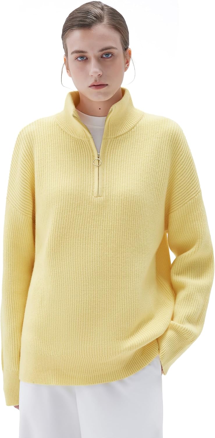 SUUKSESS Women Cashmere Oversized Quarter Zip Pullover Sweater Long Sleeve Collared Ribbed Knit Jumper Tops
