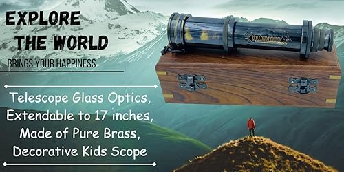 Miniatura 5 de MADSNIIB Telescopio de latón con caja de madera, decoración antigua, telescopio funcional decorativo para viajes, senderismo, navegación con alta