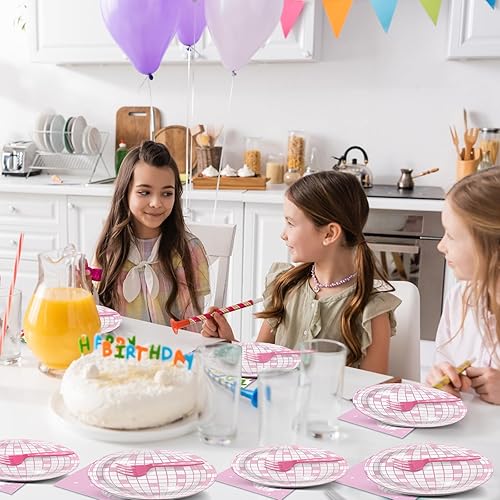 Miniatura 6 de 96 platos y servilletas de fiesta de discoteca rosa y plateados, decoraciones de fiesta de cumpleaños de discoteca rosa de los años 70, juego de