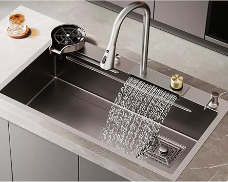 Kitchen Sink 304 Stainless Steel Nano Raindance Waterfall Sink Home Sink Vegetable Basin Single Sink with Pull-Out Faucet, Pressurized Cup Washer Size 60x45cm