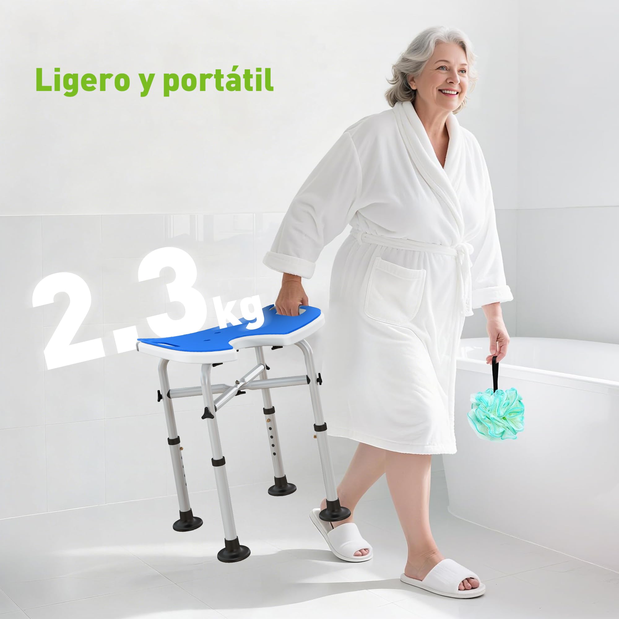 HOMCOM Taburete de Ducha Antideslizante para Personas Mayores 150 kg Azul | Silla para Ducha, Barra de Agarre por Ventosas, Altura Regulable, Asiento en Forma de U