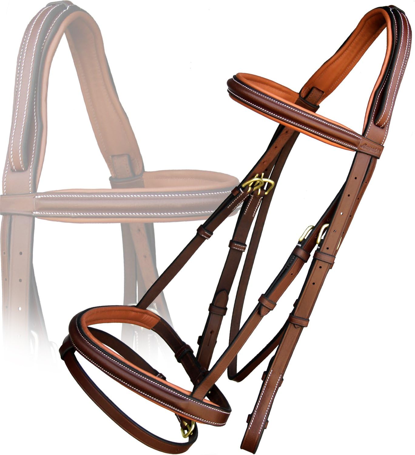 Exion English Jumping Hunter Bridle with Removable Flash Noseband, Rubber Reins & Brass Buckle | Soft Padded Raised Snaffle Browband & Noseband | Anti-Pressure Headpiece | Leather Horse Bridle