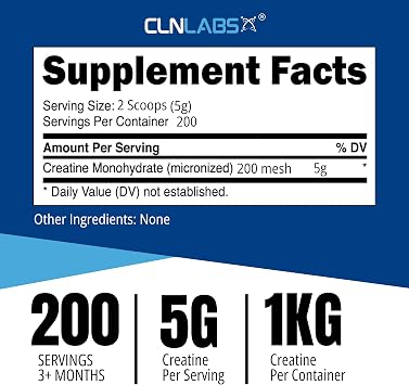 Creatine Monohydrate Powder - 1kg | 200 Mesh Fine Grade Powder, Pure & Mixes Easily | Includes Scoop | Unflavoured | Made in The UK By CLN Labs