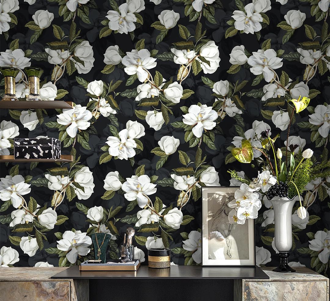 HAOKHOME Peel and Stick Gardenia Floral Wallpaper Removable Black/White/Green Vinyl Self Adhesive Mural 17.7in x 32.8ft