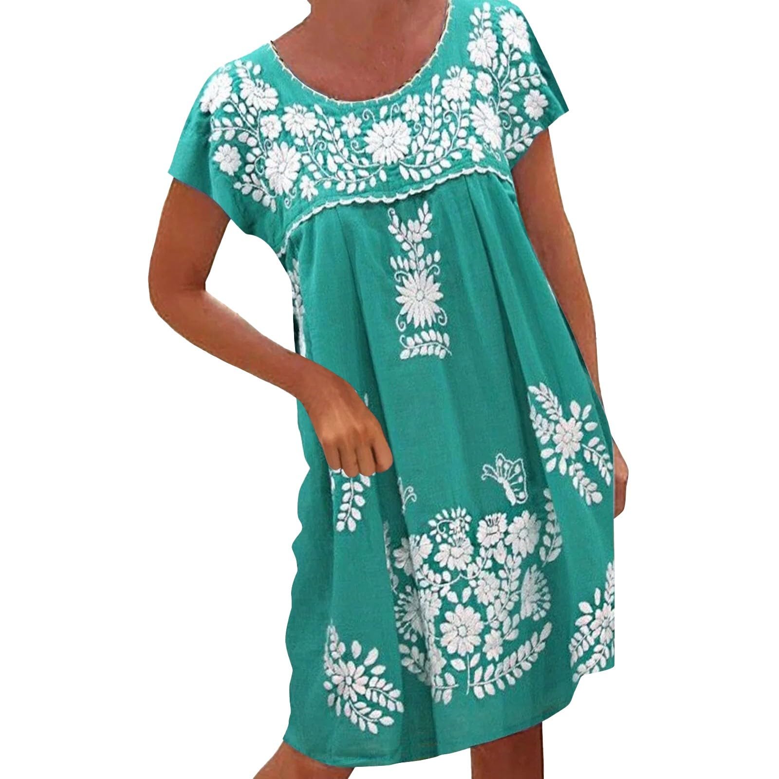 Vestido Midi Estilo Bohemio con Dobladillo Oscilante for Mujer, Étnico, for Verano, Vacaciones En La Playa, Vestidos Tipo Túnica Cuello Redondo