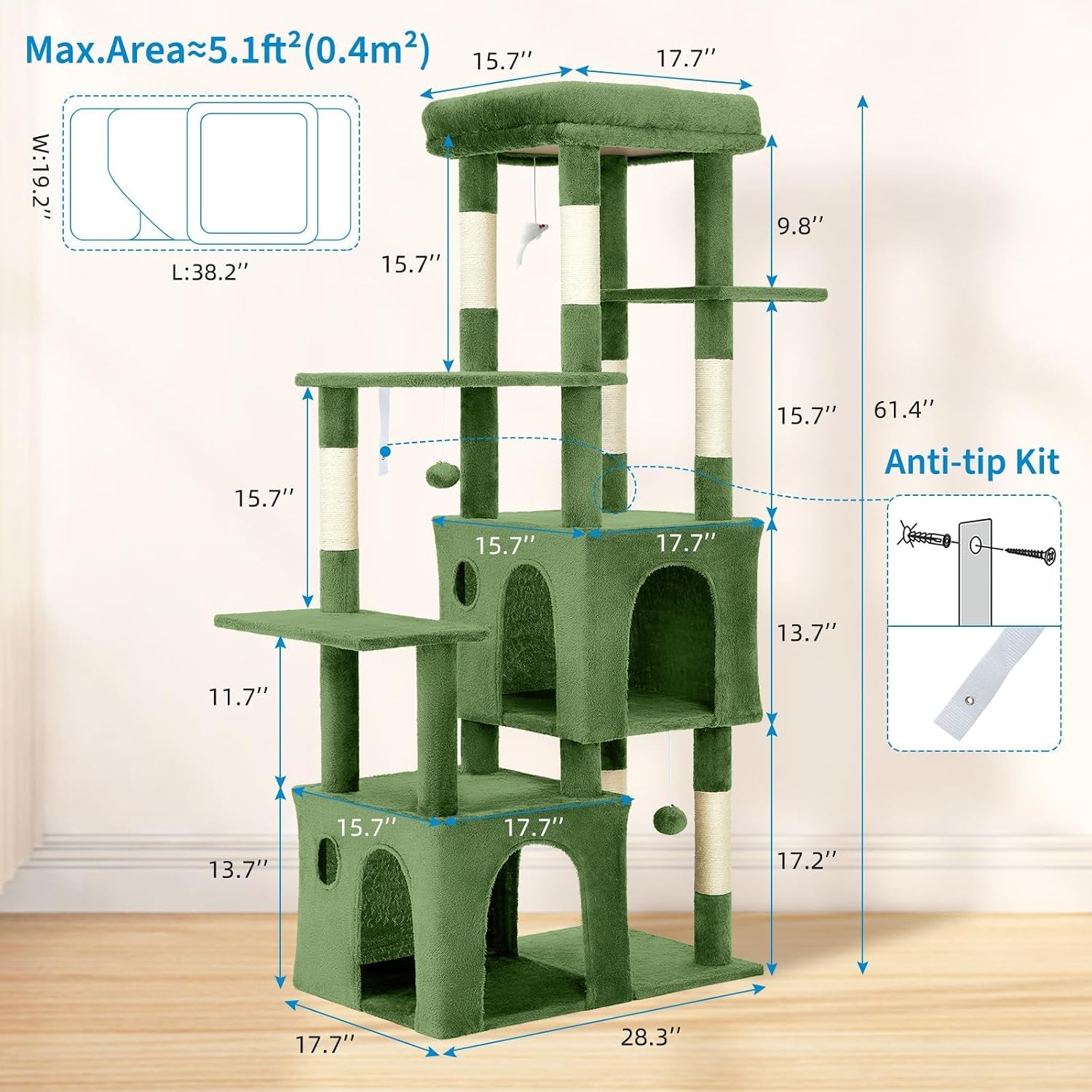 Cat Tree 61" Tall, Sisal Wrapped Scratching Post, Cat Nest, Hanging Ball, Extended Platform