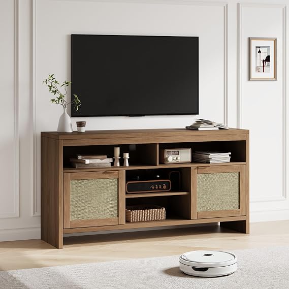 Rattan TV Stand,58 Inch Boho TV Console Table with 4 Open Shelves and 2 Door Cabinets,Farmhouse Entertainment Center with Storage,Wooden Media Console Table for Living Room/ Bedroom/Apartment (Oak)