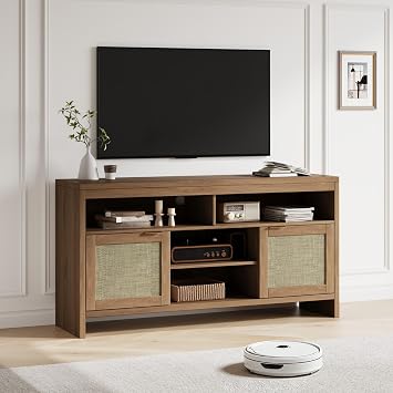 Rattan TV Stand,58 Inch Boho TV Console Table with 4 Open Shelves and 2 Door Cabinets,Farmhouse Entertainment Center with Storage,Wooden Media Console Table for Living Room/ Bedroom/Apartment Oak