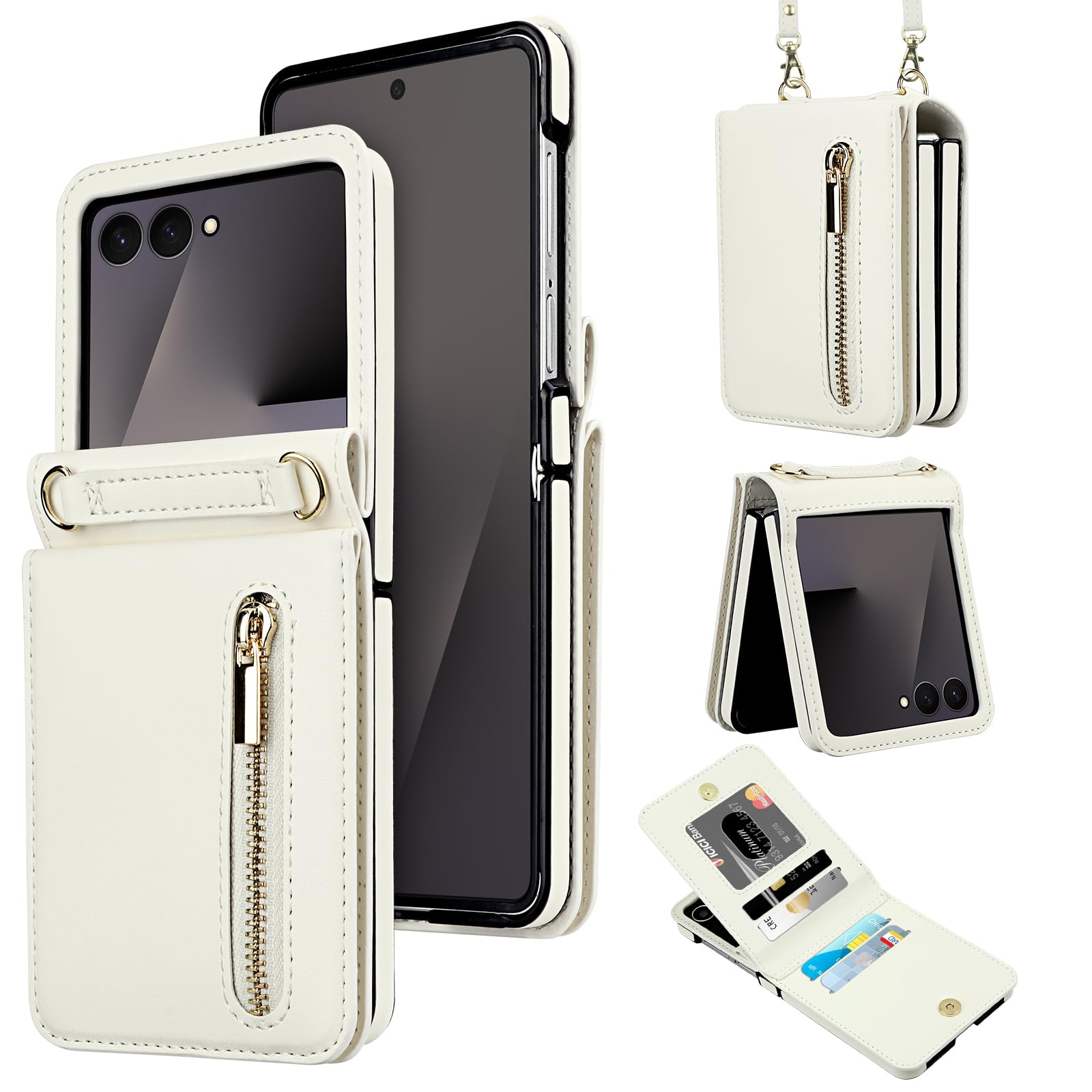 HianDier Custodia a portafoglio per Z Flip 7 con porta carte di credito per donne e ragazze, in pelle PU con slot per cerniera, tracolla staccabile, antiurto, custodia protettiva per Galaxy Z Flip 7