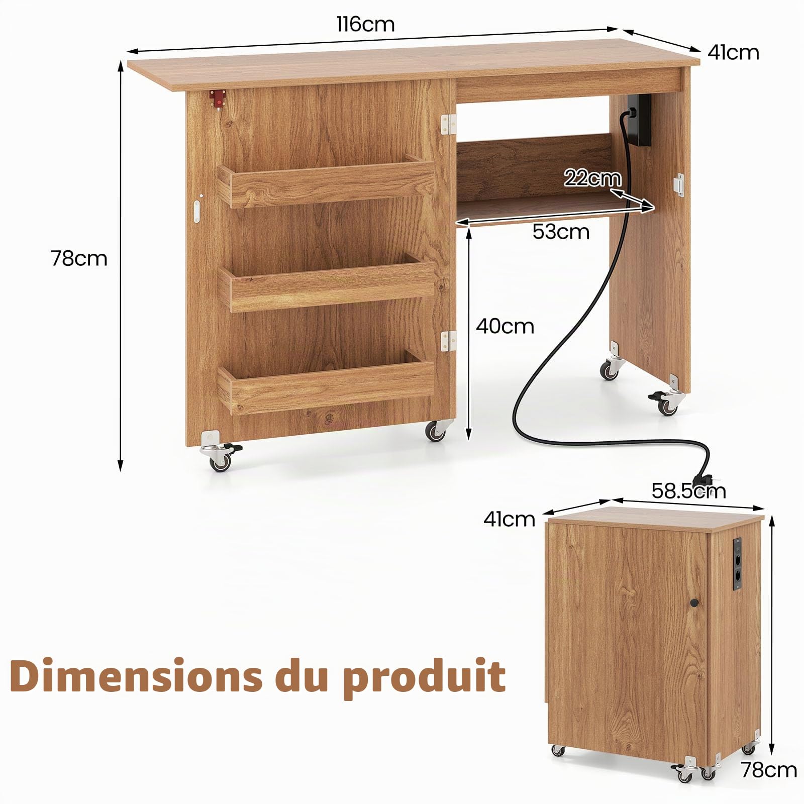 LIFEZEAL Table de Couture Pliable avec Station de Charge, Armoire Mobile pour Machine à Coudre avec étagère et tiroirs, Armoire à Couture multifonctionnelle, avec roulettes, pour la Maison (Naturel)