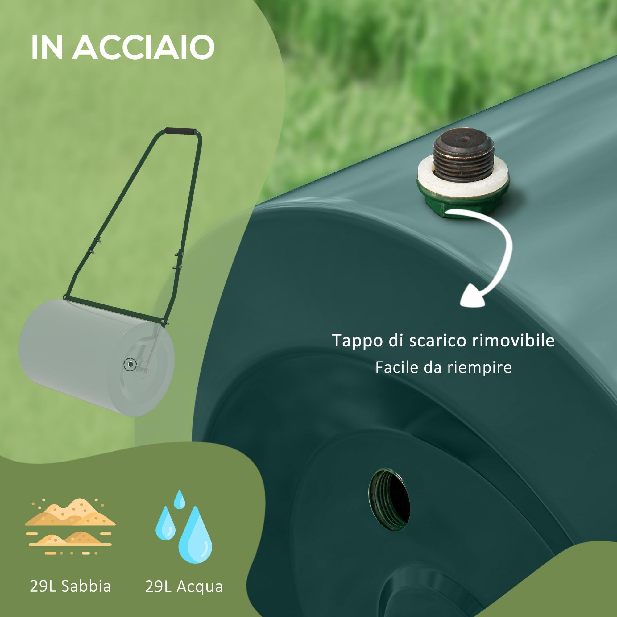 Outsunny Rullo per Prato da 30L di capacità con Maniglia Imbottita, Rullo Giardino in Acciaio Riempibile con Acqua/Sabbia, 102x50x30 cm, Verde Scuro