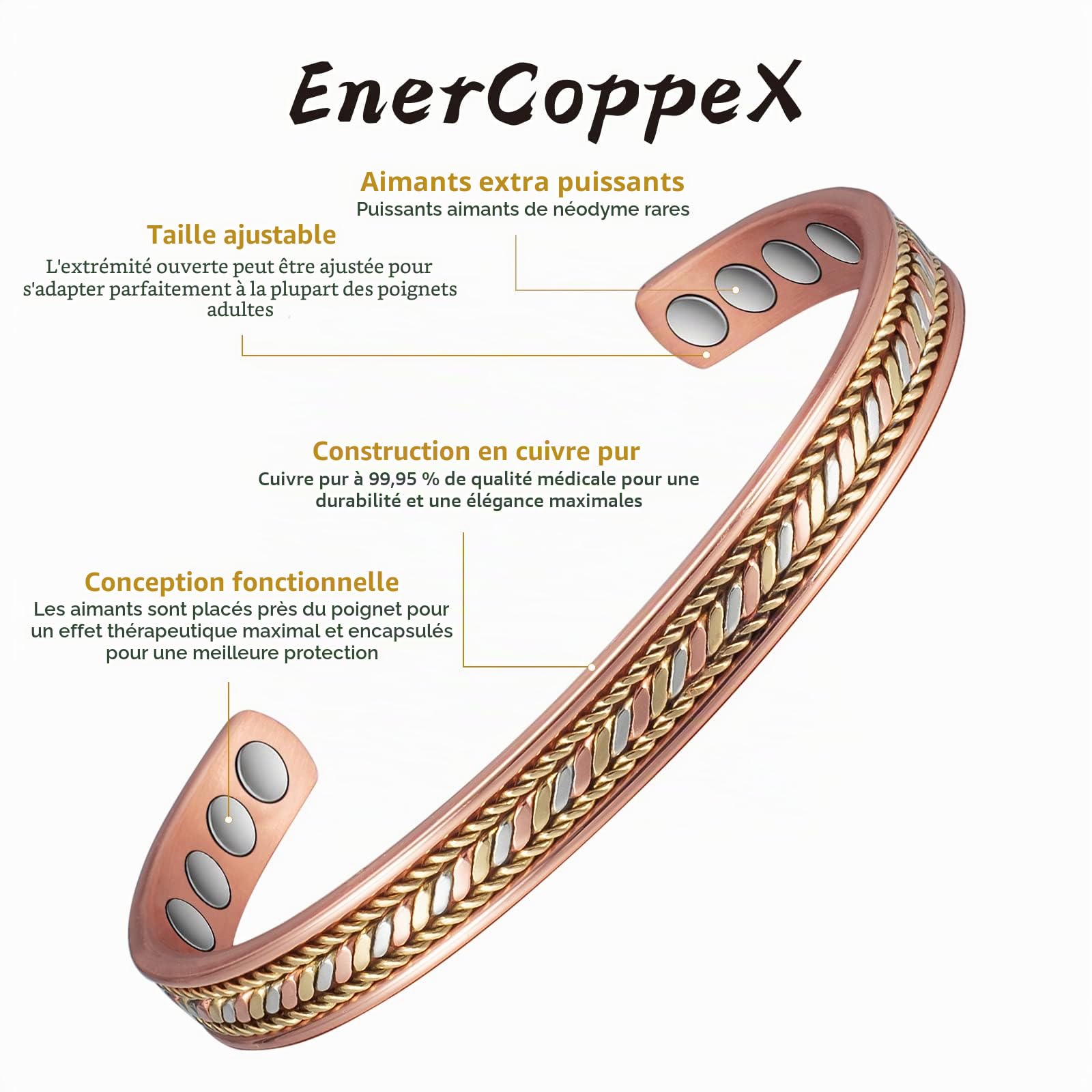 EnerCoppeX Bracelet en cuivre magnétique tressé 3 tons de 16,5 cm - Bracelet magnétique en cuivre massif 99,99 - 8 aimants (3500 Gauss) - Taille réglable - Unisexe