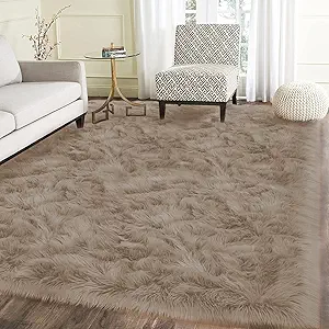 Latepis Light Brown Beige Living Room Rugs Faux Sheepskin Fur 5x7 Area Rugs for Bedroom Fluffy Washable Rug Large Plush Fuzzy Floor Rug Home Decor Rectangle