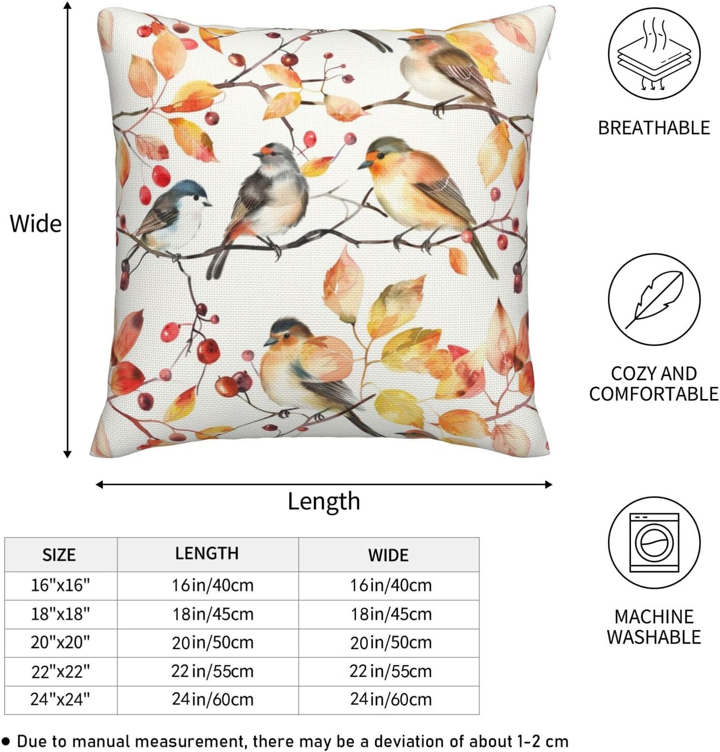 Fall Decor Pillow Covers 24x24 Inch Set of 2 Autumn Bird Branch Leaf Berries Decorative Throw Pillows Outdoor Farmhouse Cushion Covers for Sofa Bed Couch Living Room