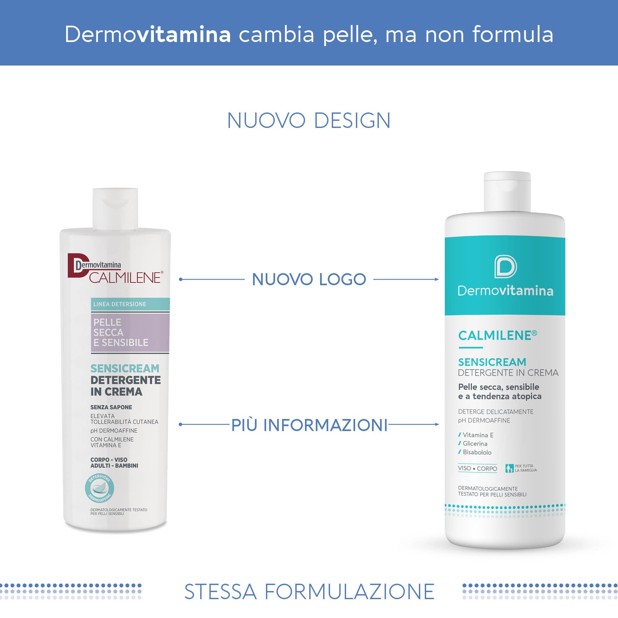 Dermovitamina Calmilene Sensicream Detergente 500 ml - Detergente Viso - Crema Idratante Viso e Corpo - Per pelle sensibili e dermatiti - Con Vitamina E e Calmilene - Senza Sapone