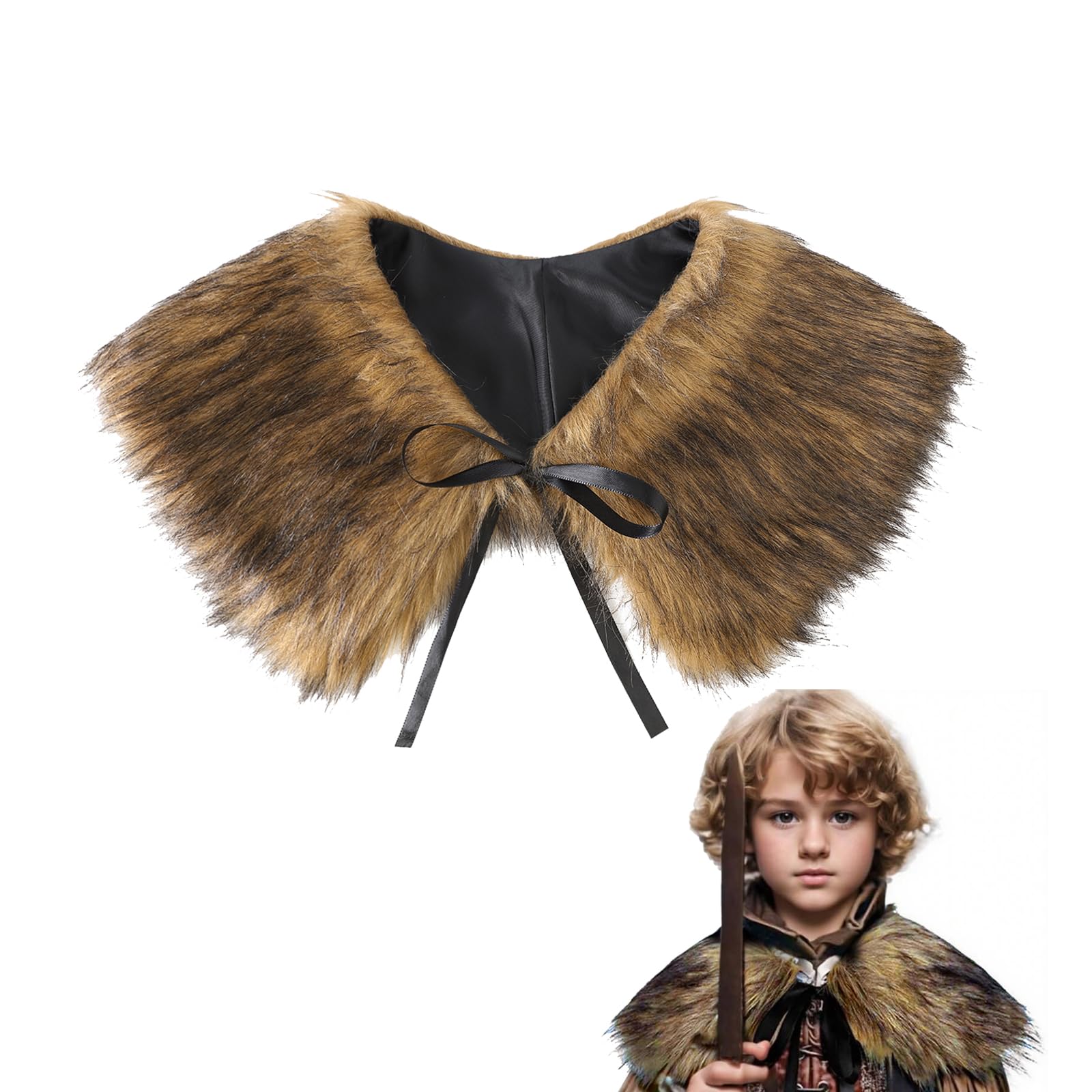 Kids Medieval Retro Faux Fur Shoulder Wrap Viking Fancy Dress Furry Shawl Shoulder Armour Winter Warm Cover Up Collar Stole Scarf Medieval Costume Short Cloak Cape Outfit for Halloween LARP Cosplay