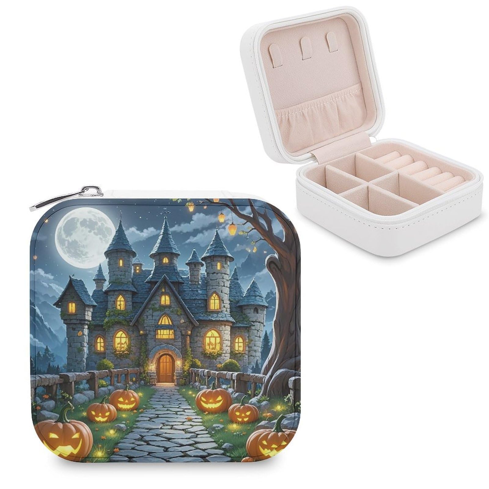 LZQPOEAS Moon Castle Jewelry Box Mini Jewelry Travel Case Trendy Stuff Ring Box Custom PU Leather Jewelry Boxes Portable Jewelry Case Earring Storage Organizer for Girls Women