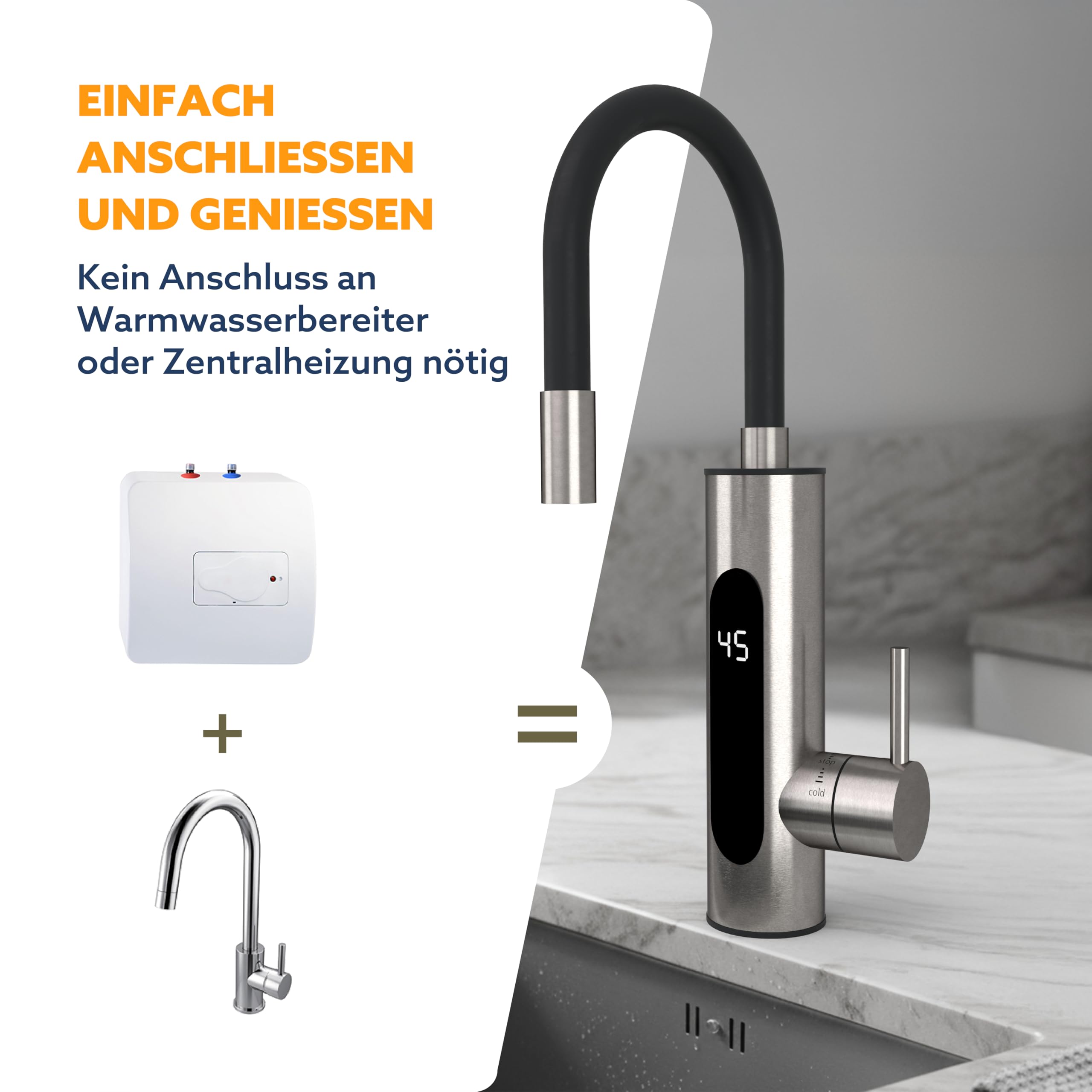 HOGART Elektrische Wasserhahn mit Durchlauferhitzer 230v für Küche, Garten, Bad, Wohnwagen, Camping, 2 Aufsätze, Smart Heater, Armatur mit Sofortiger Warmwasserbereiter, Warmwasserhahn, Wasserboiler