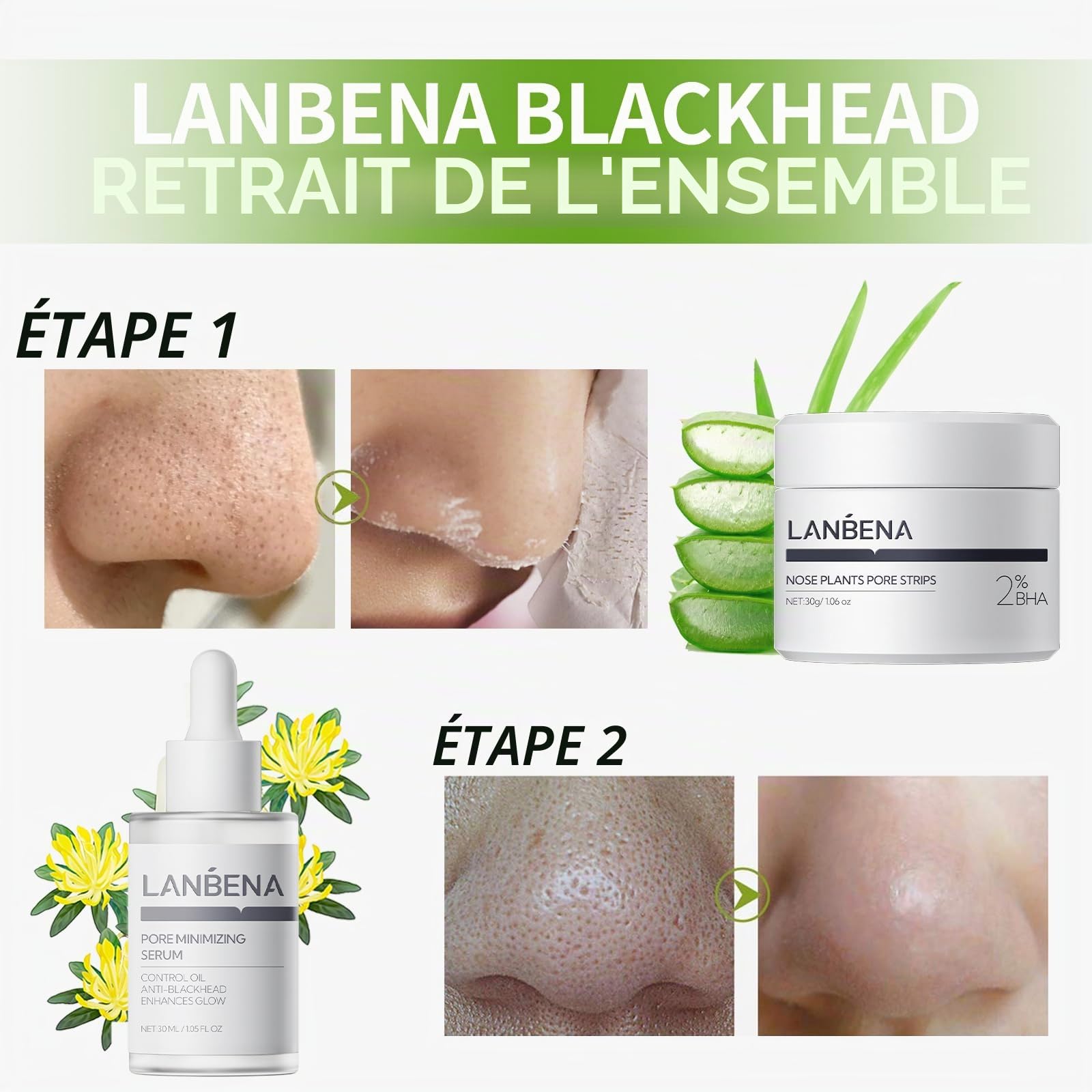 LANBENA Kit 3 en 1 pour enlever les points noirs, nettoyage en profondeur des pores, sérum clarifiant et enlever les papiers, le nez et le visage, les points noirs, minimise les pores et affine la