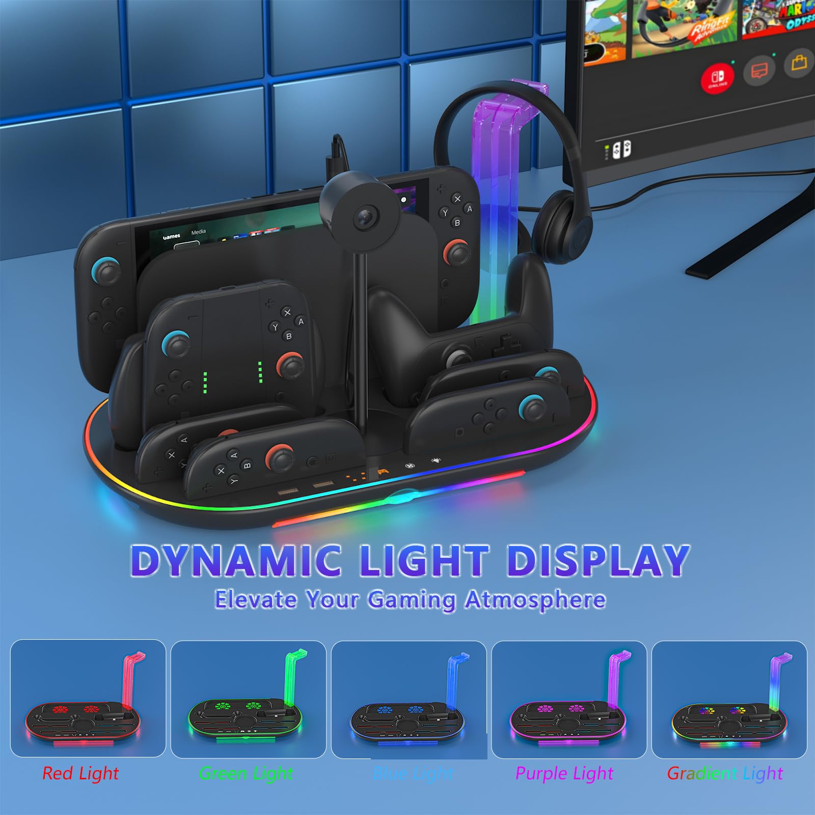 Estación de carga para Switch 2 con ventilador de refrigeración DOBEWINGDELOU Controlador Cargador para JoyCons y Pro Dock Stand con luz RGB, 2 puertos USB, 7 ranuras para tarjetas de juego