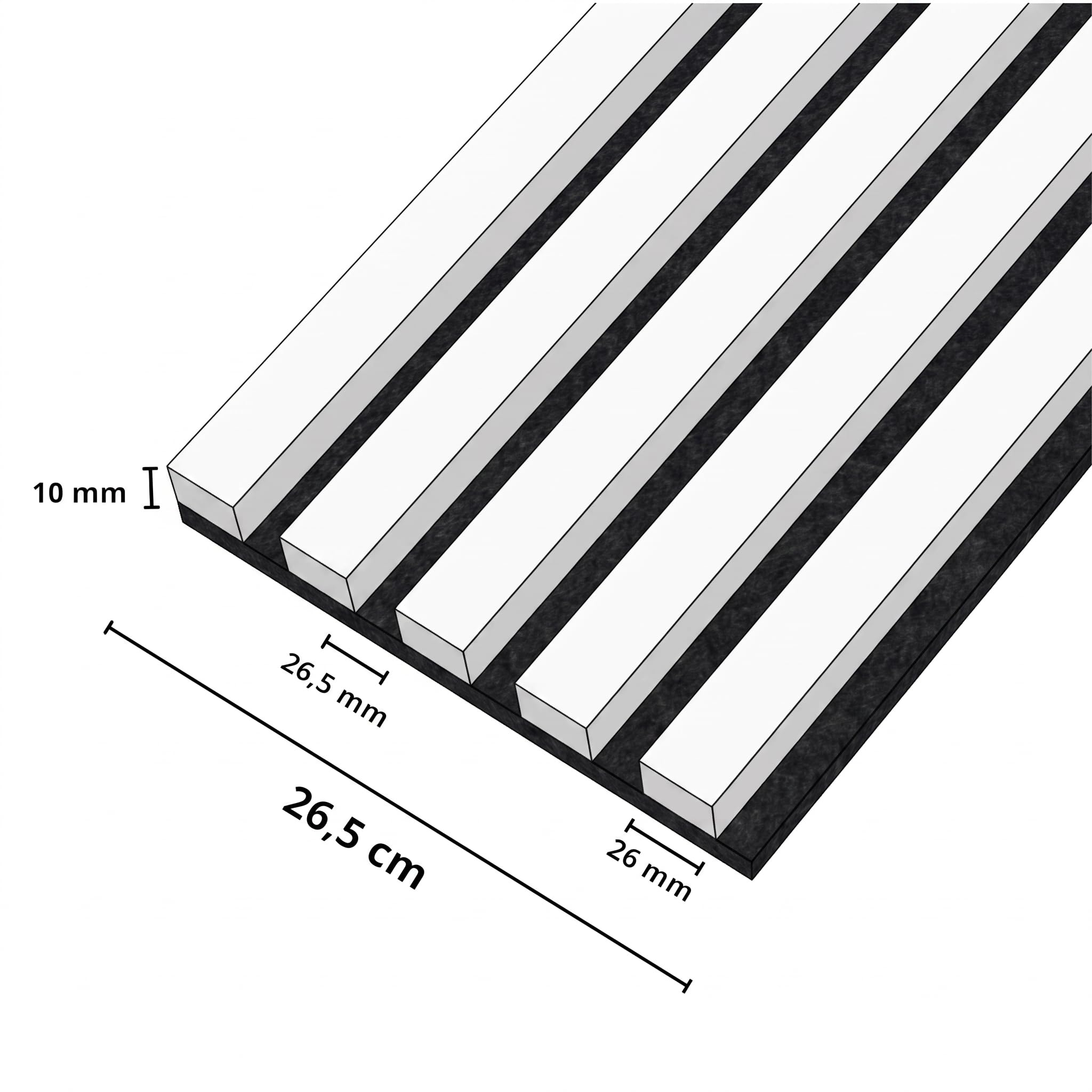 Paneles acústicos decorativos 3D MDF 2 piezas 26,5x240 cm blanco sobre base negra con listones verticales modernos para espacios interiores luminosos