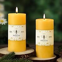 MAKALONE 100% Pure Beeswax Pillar Candles 2.8x6in 2-Pack: 190 Hours Dripless Smokeless Burn, Air-Purifying for Home Prayer Emergency