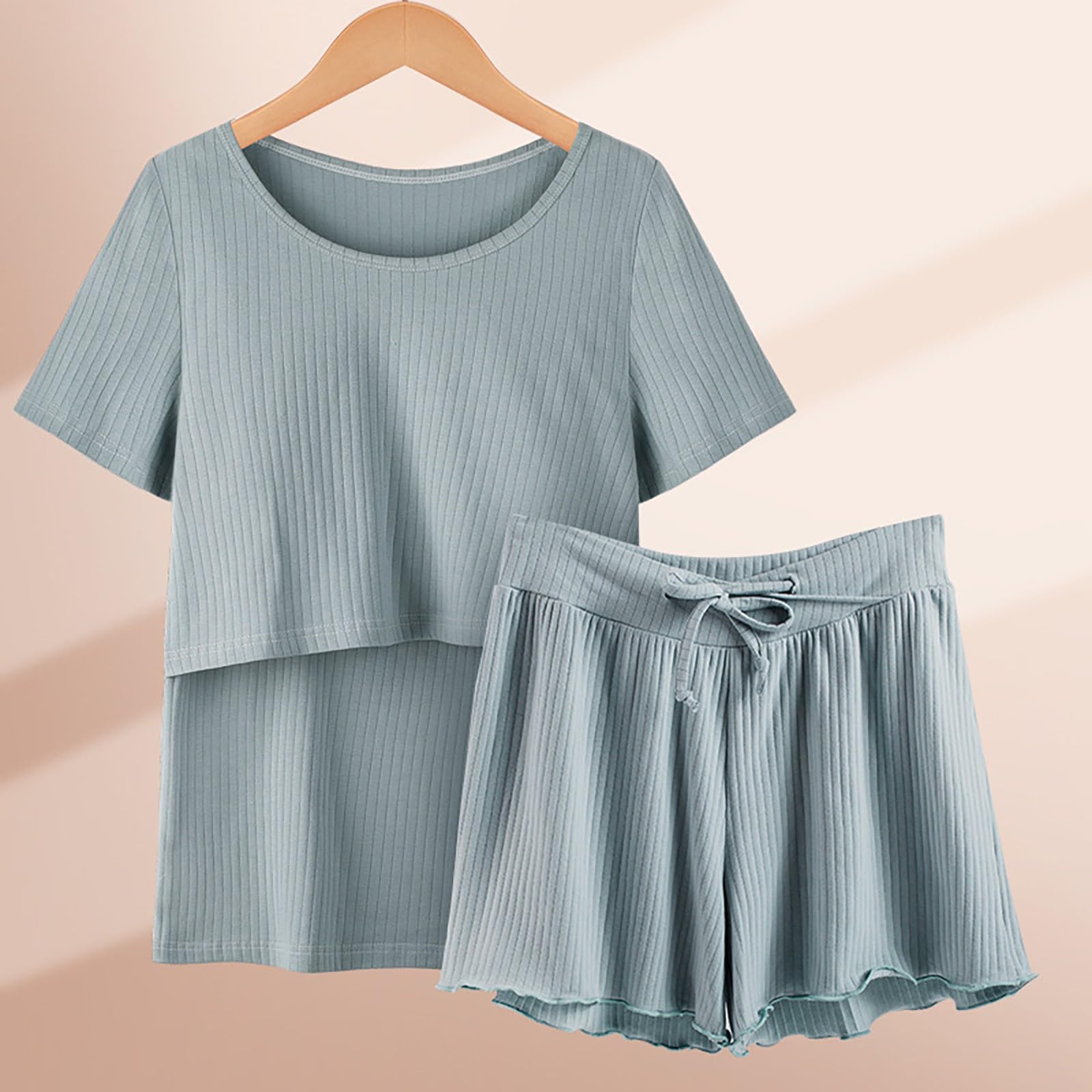 Generisch Pigiama da donna, a maniche lunghe, da notte, per allattamento, per neonati, pantaloni corti, pigiama premaman con abito