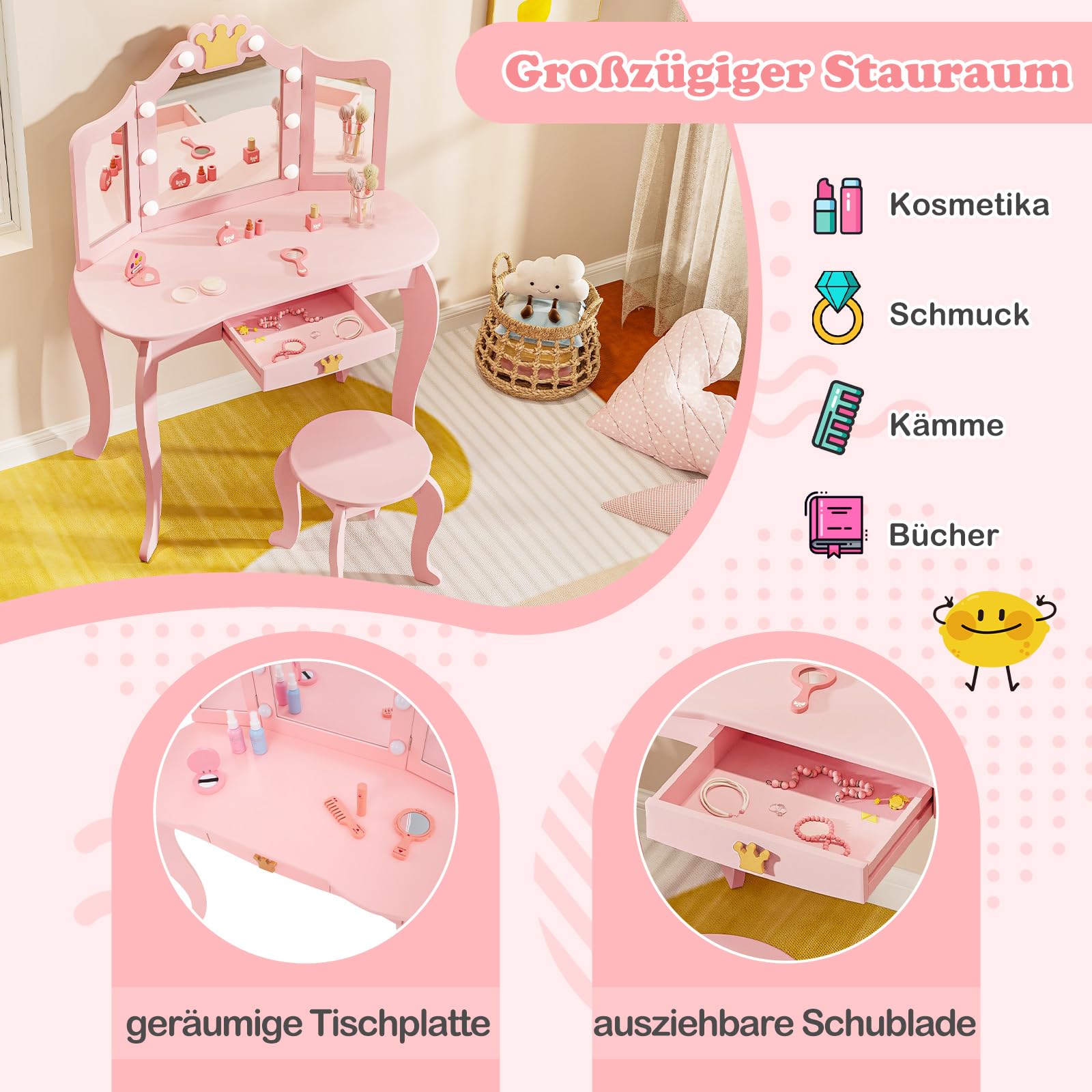 DREAMADE Schminktisch Kinder mit Hocker & Schublade, Prinzessin Frisiertisch Kosmetiktisch mit abnehmbarem Spiegel & Kippsicherung, Kinderschminktisch für Mädchen aus Holz (Rosa-mit Beleuchtung)