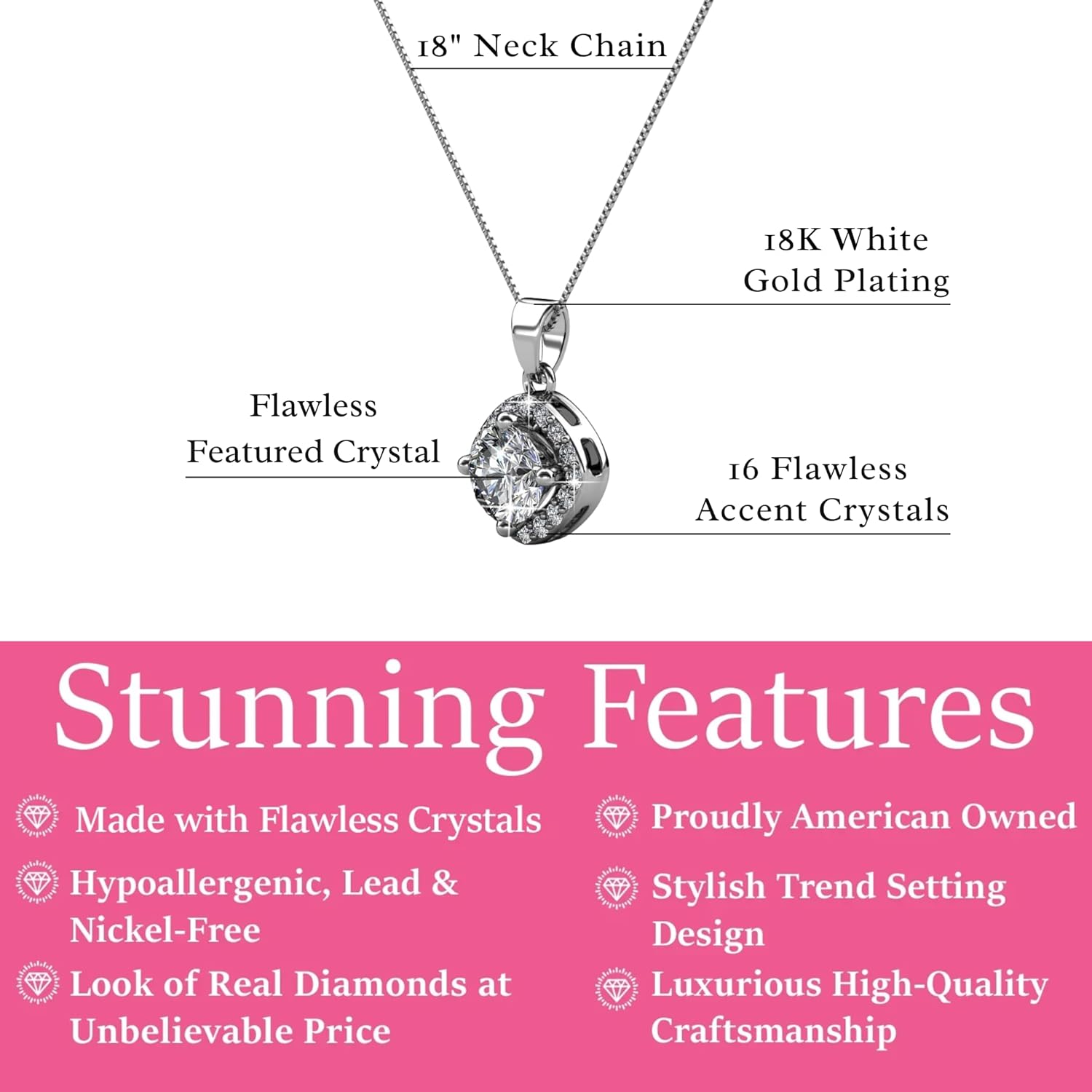 Cate & Chloe Celeste 18k White Gold Pendant Necklace with Simulated Diamond Crystals, Hypoallergenic Jewelry for Women, Gift for Her - Image 3