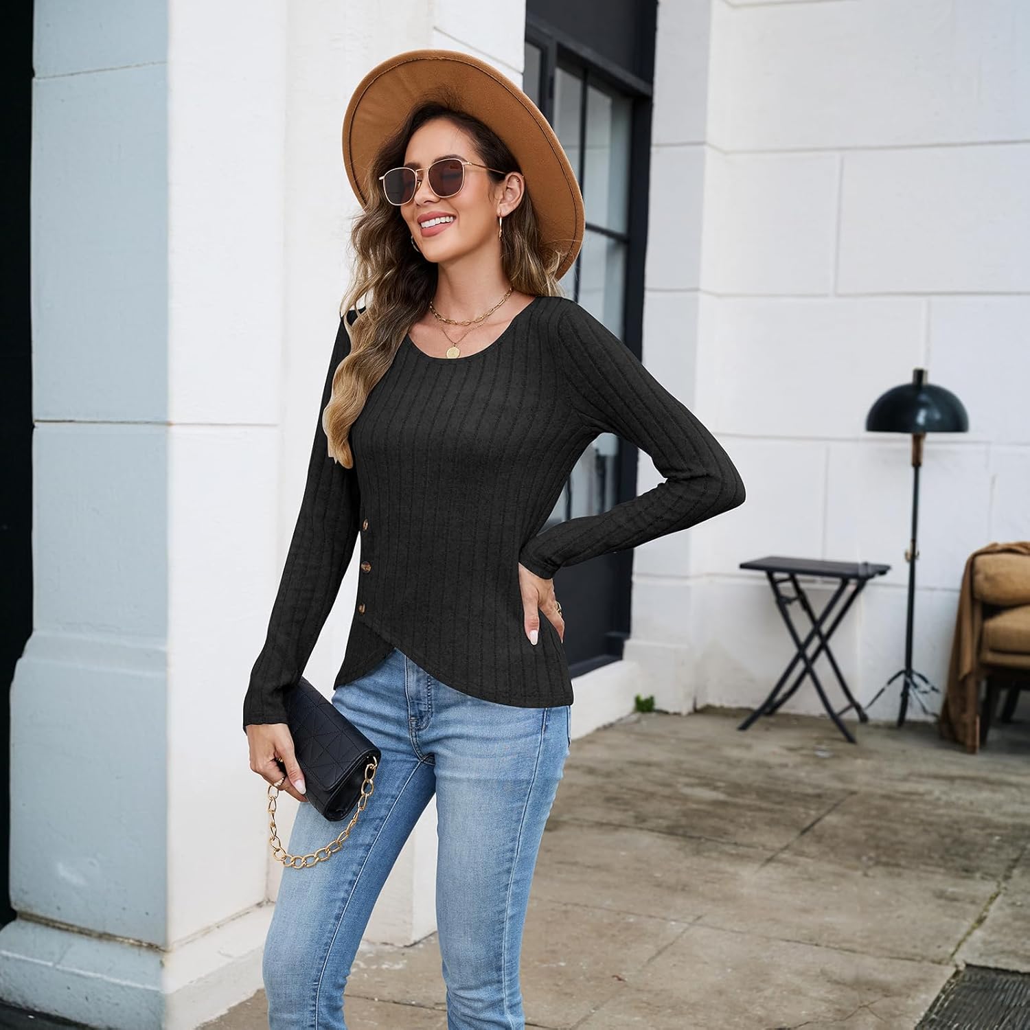 Sweaters for Women Fashion Long Sleeve Tops Button Pullover Crew Neck Casual Loose Slit Sweatshirt - Image 5