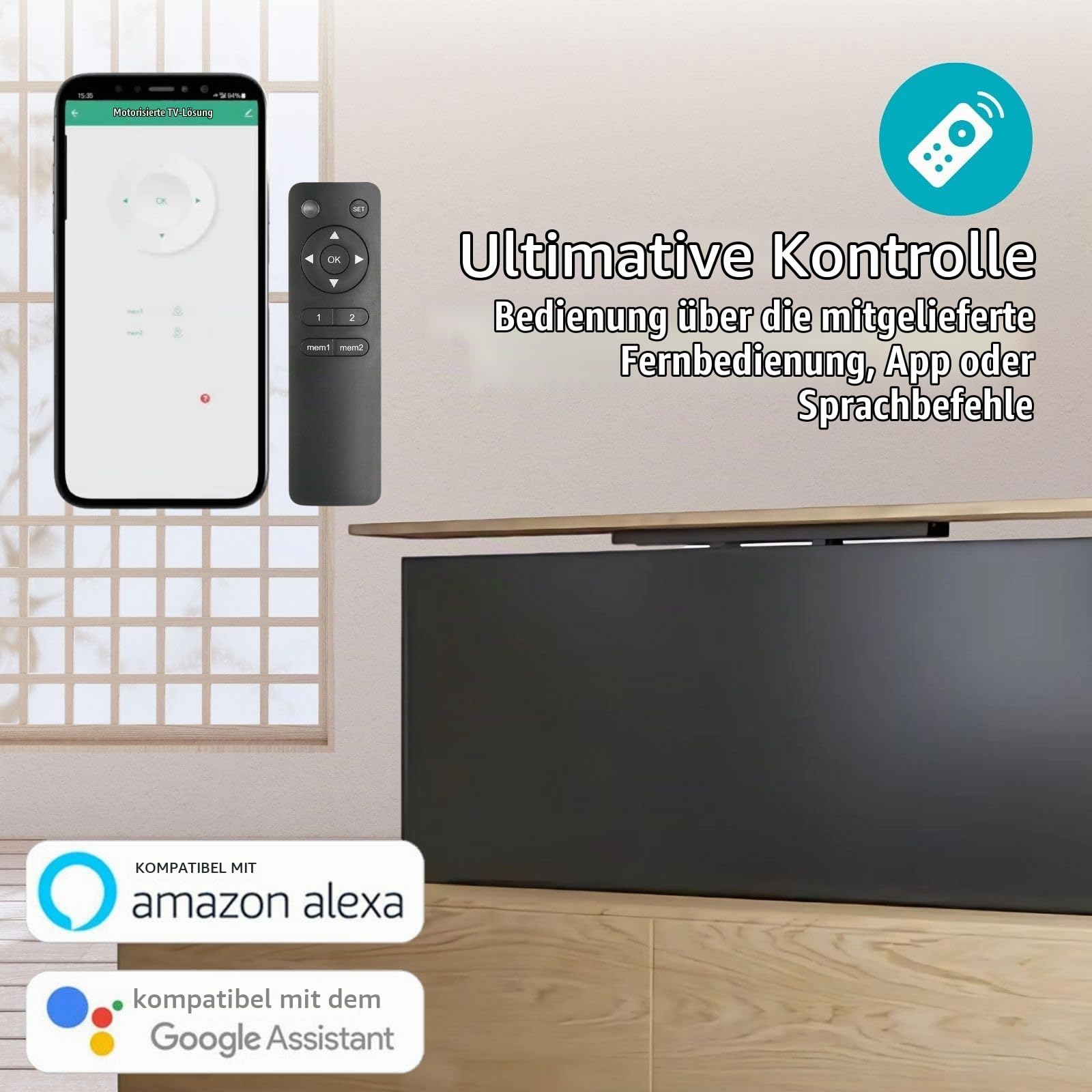 Motorisierte TV-Ständer - 37-80" - maximal unterstützes Bildschirmgewicht: 60 kg - Built-in Schaltschrankbau - Hubbereich: 68-158 cm - ferngesteuert - ABS/Stahl - Schwarz