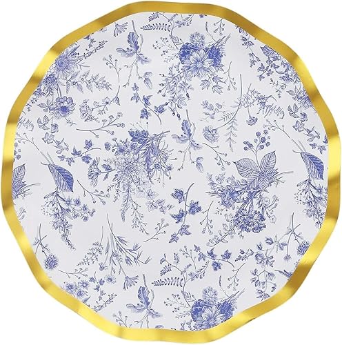 Miniatura 7 de Efavormart - Paquete de 25 platos de postre de papel chinoiserie blanco y azul de 8 pulgadas con borde ondulado dorado, platos desechables redondos
