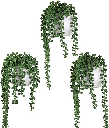 MyGift Maceta artificial de perlas de imitación en cerámica blanca para colgar en la pared con cuerda de yute, juego de 3