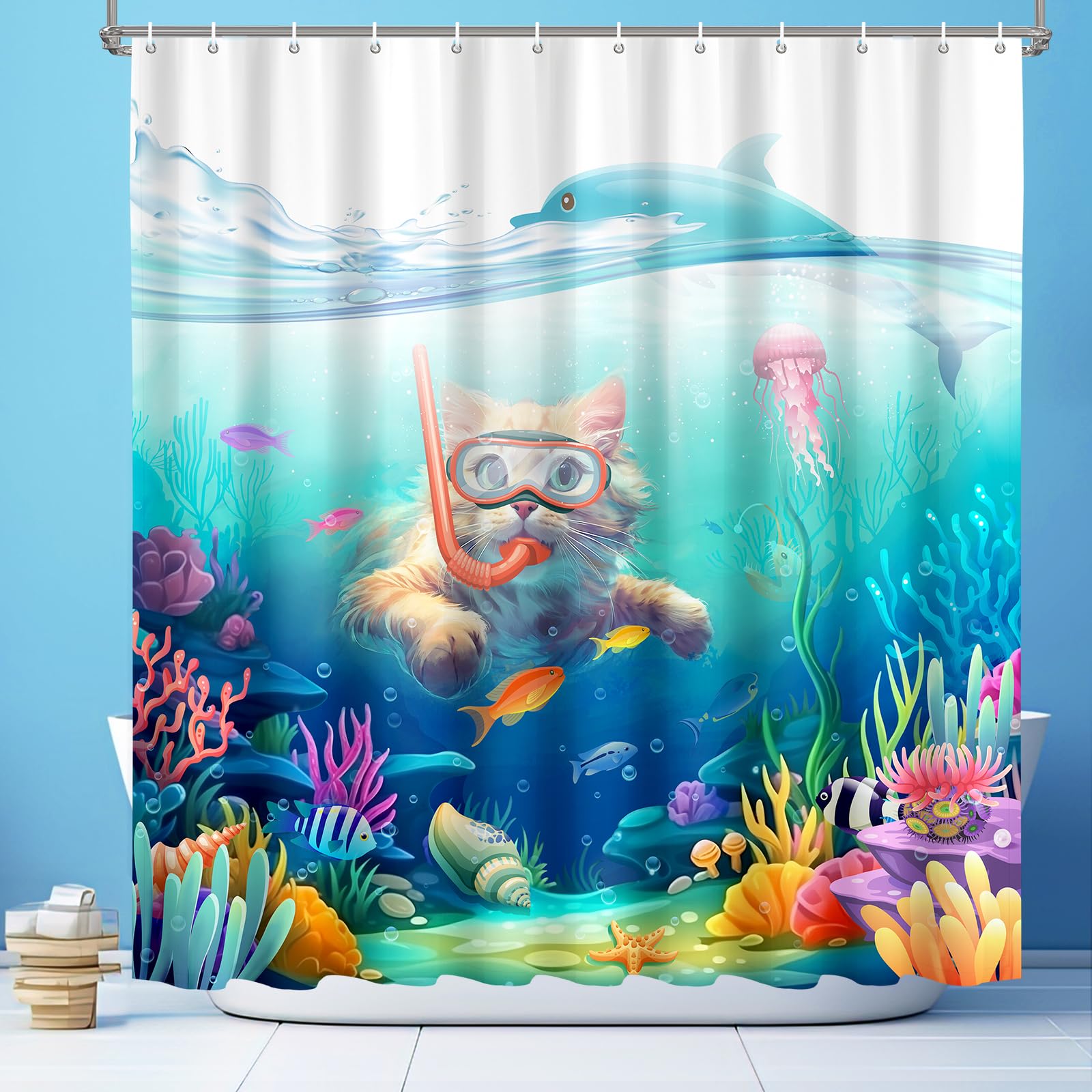 Vimorco Diving Cat Shower Curtain, Funny Cat Shower Curtains for Bathroom, Waterproof Quick-Dry Polyester Fabric Shower Curtain, Dolphin Jellyfish