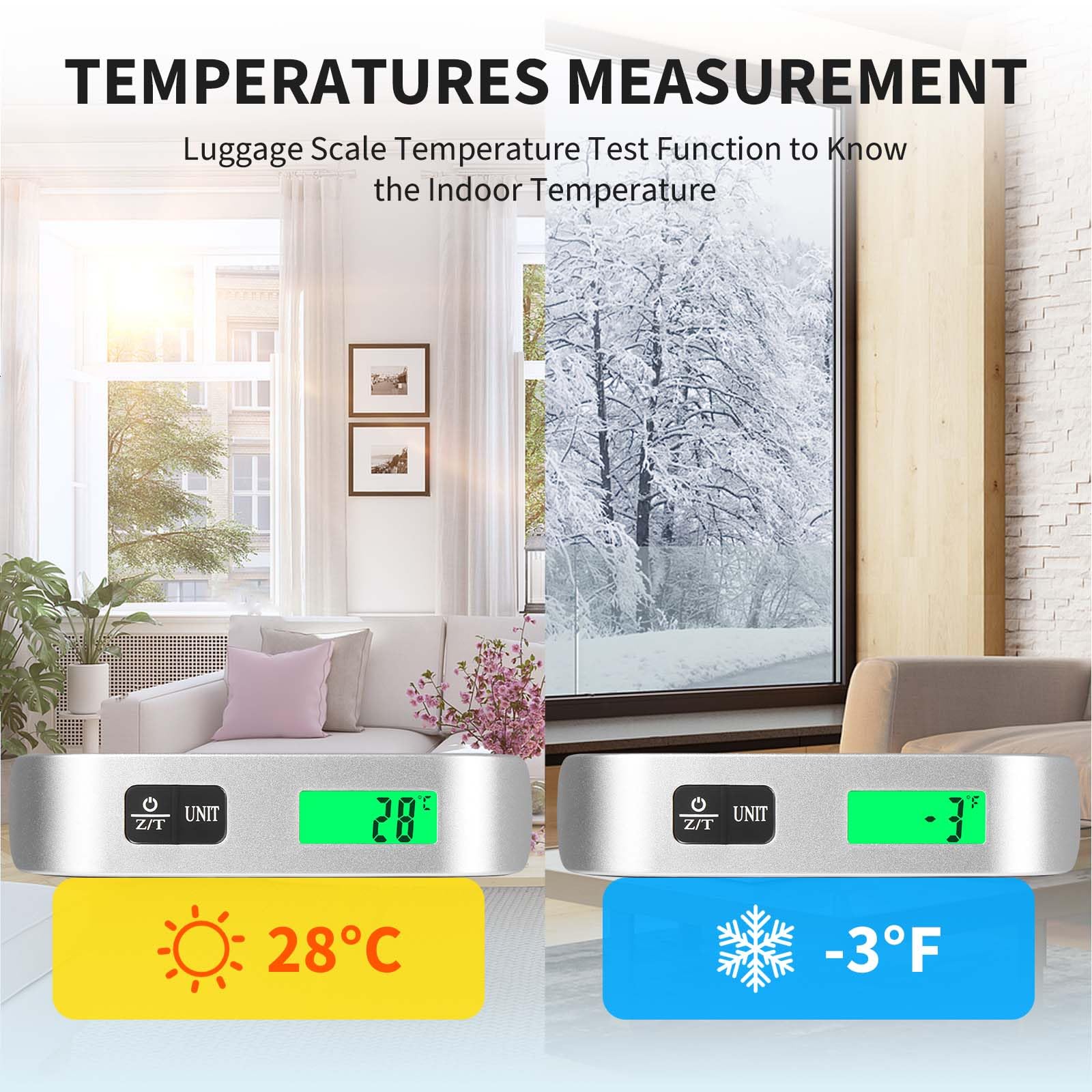 Blendura Waga bagażowa, przenośna cyfrowa waga podróżna z czujnikiem temperatury, funkcja tary, praktyczna w podróży, na świeżym powietrzu, do 50 kg, srebrna