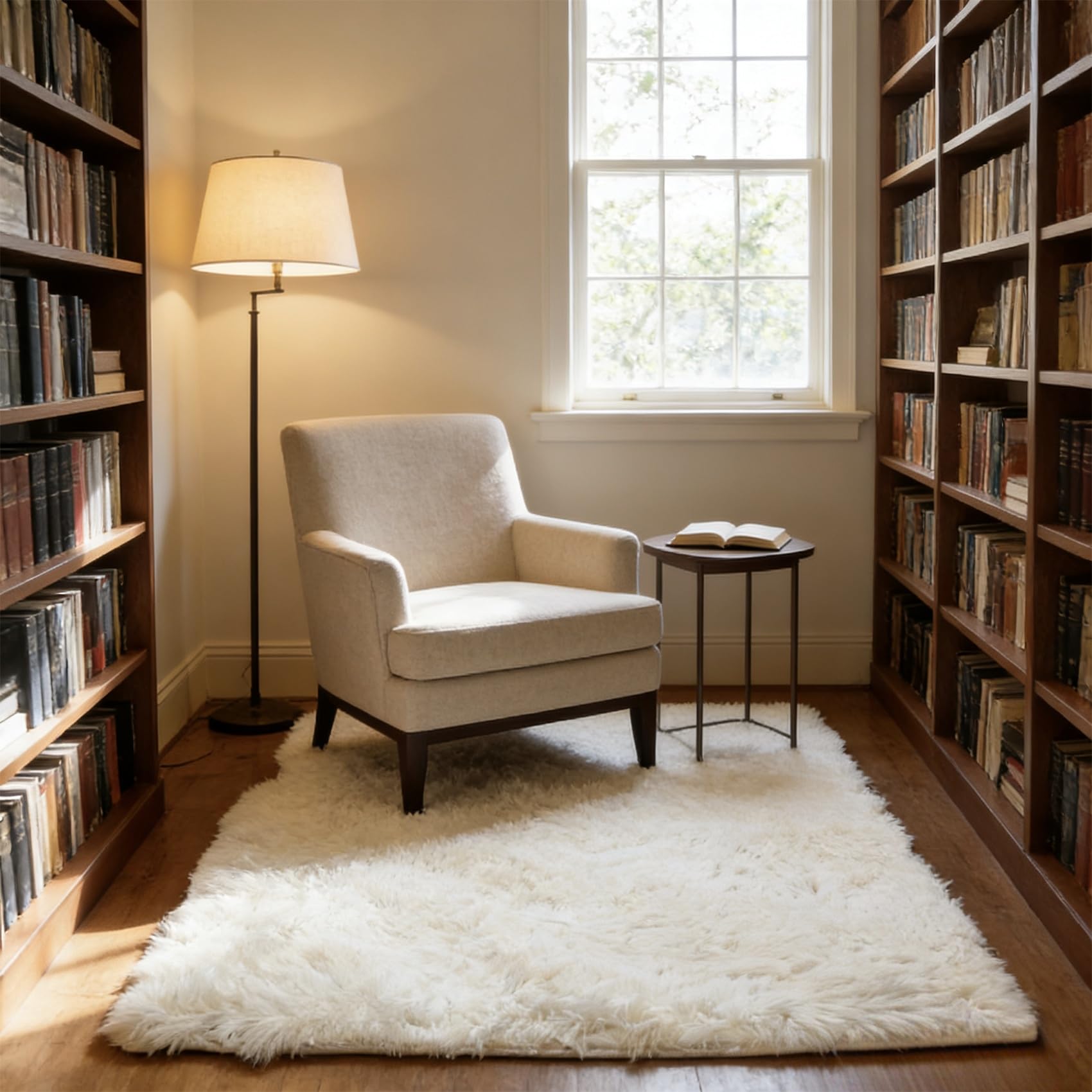 Tapis salon blanc à poils longs pour créer un coin lecture cosy au bureau